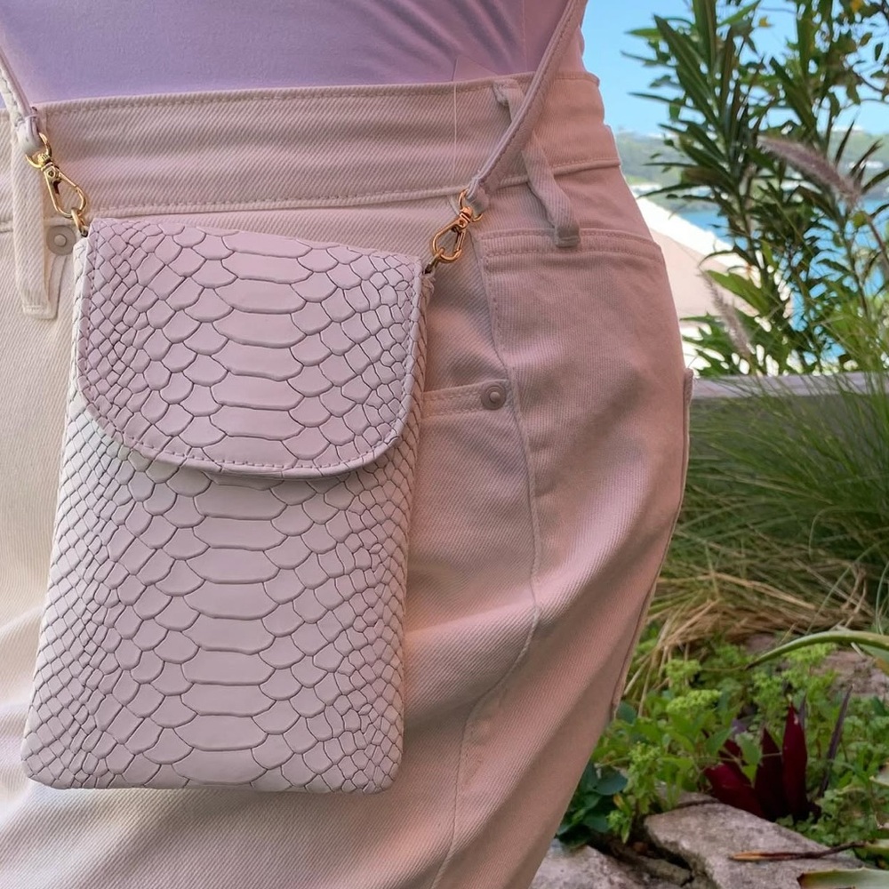 GiGi New York Emmie Phone Crossbody bag in a cream embossed python leather